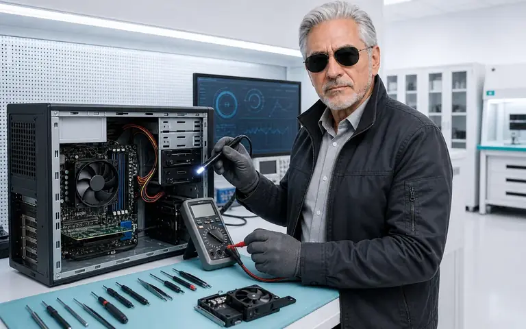 Técnico em informática do Ronin diagnosticando um computador de mesa