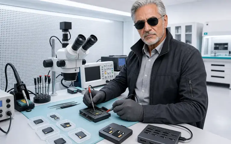 Especialista do Ronin analisando cartões SD e microSD em bancada técnica