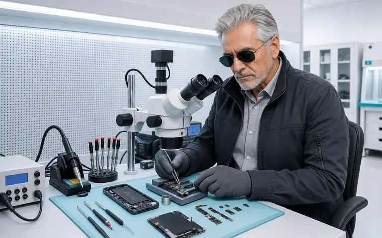Especialista do Ronin examinando a placa de um celular para recuperação de dados