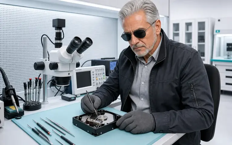 Especialista do Ronin analisando um HD aberto no laboratório de recuperação de dados