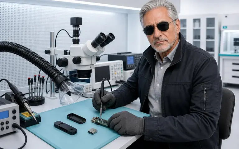 Especialista do Ronin trabalhando na recuperação de um pen drive danificado