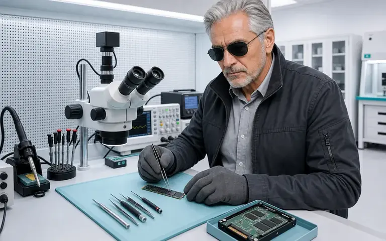 Especialista do Ronin examinando SSD e módulo M.2 no laboratório